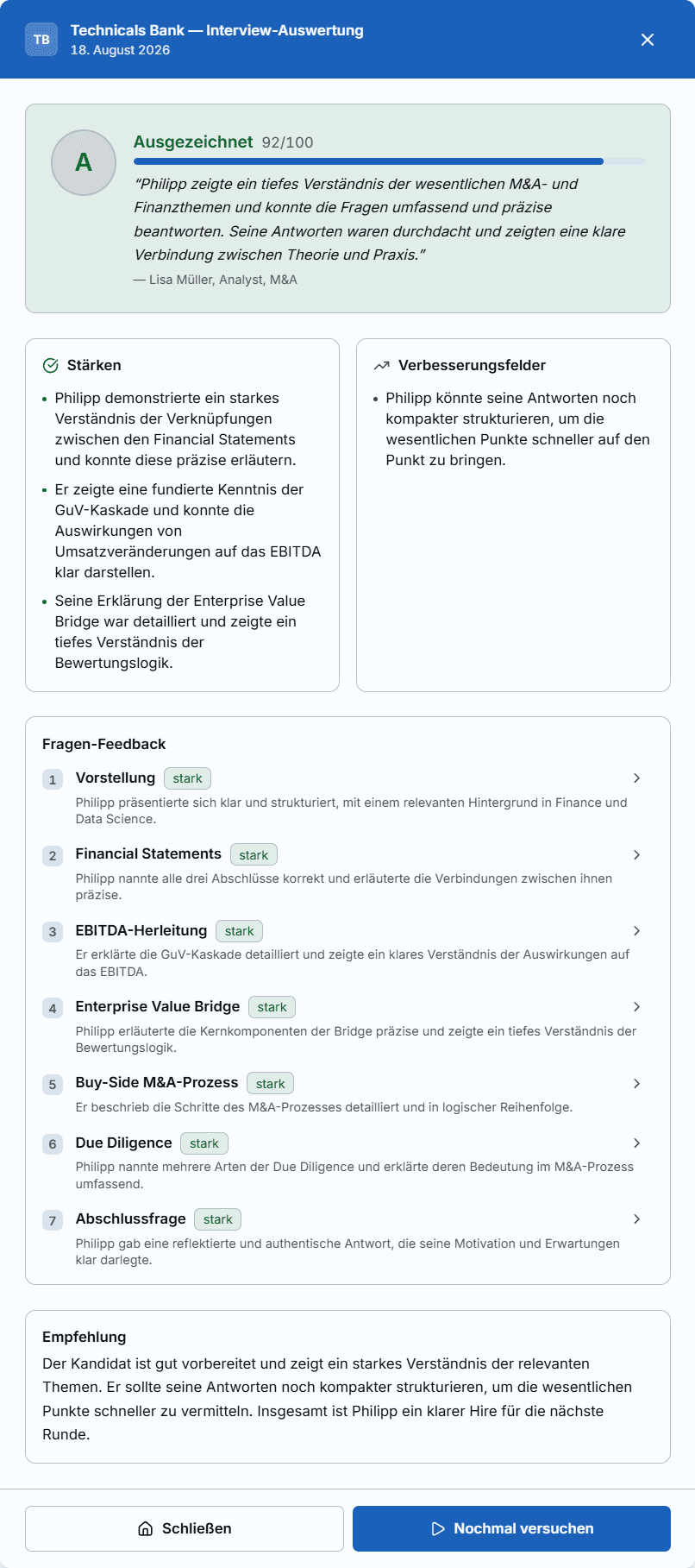 Auswertung nach der Simulation: Gesamtnote, Stärken, Verbesserungsfelder und Feedback je Frage