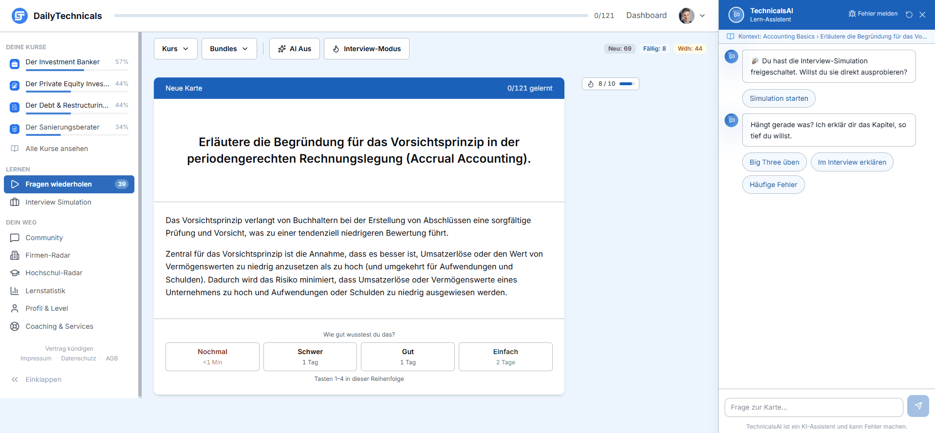 Lernkarte mit aufgedeckter Antwort und den vier Bewertungsknöpfen
