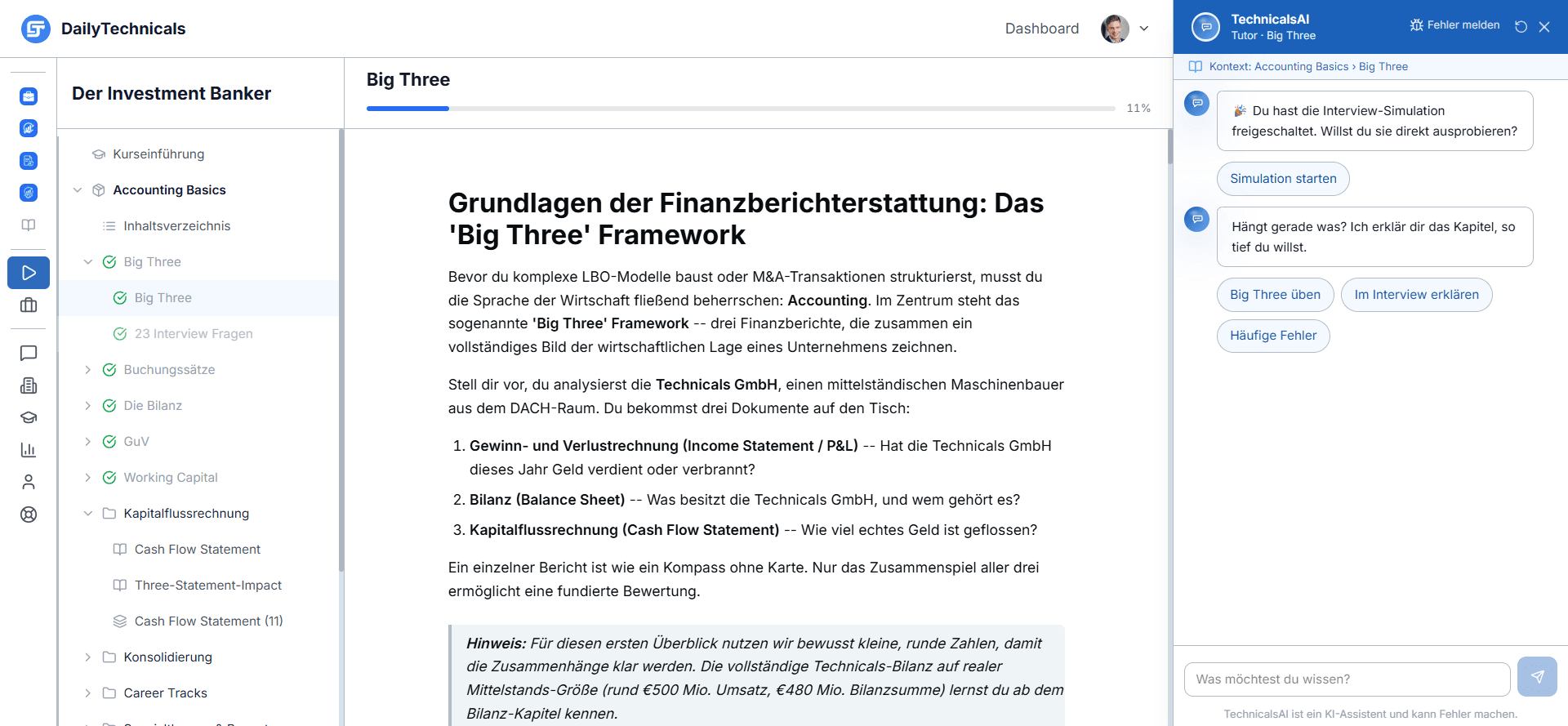 Kursoberfläche mit Modulbaum, Lektionstext und TechnicalsAI-Panel